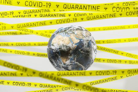 Yellow coronavirus 2019 ncov covid 19 quarantine tape around Earth. Pandemic and healthcare concept. 3d rendering blurry image.の写真素材