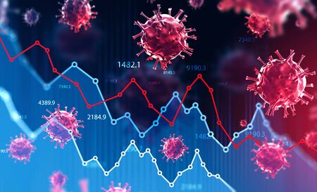 Ncov 2019 covid 19 coronavirus with double exposure of blurry falling financial graphs. Concept of financial crisis due to coronavirus pandemic. 3d renderingの写真素材
