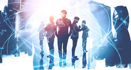 Five successful business team members working together in blurry abstract city with double exposure of network interface and planet hologram. Concept of internet and communication. Toned imageの写真素材