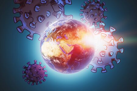 Planet Earth with coronavirus covid 19 sketch over light blue background. 3d rendering toned image. Elements of this image furnished by NASAの写真素材