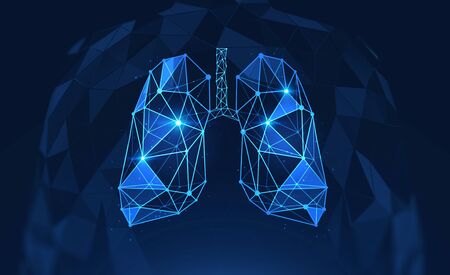 Digital lungs interface over blurry blue background. Concept of 2019 ncov coronavirus pandemic and respiratory disease. 3d rendering toned image double exposureの写真素材