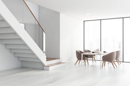 Corner of panoramic luxury dining room with white walls, wooden floor, comfortable table with beige...