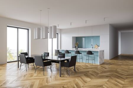 Corner of spacious kitchen with white and blue walls, wooden floor, blue and marble bar with stools...