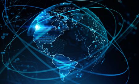 Technology and internet concept. Blurry futuristic planet hologram with double exposure of network...