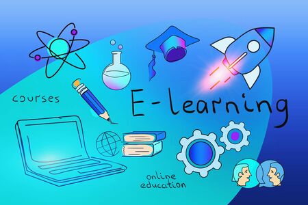 Creative e learning sketch drawn over blue background. Concept of online education during covid 19 pandemic. 3d renderingの写真素材