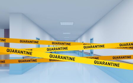 Modern hospital corridor closed for quarantine by yellow tape. Concept of 2019 ncov pandemic quarantine. 3d rendering toned imageの写真素材