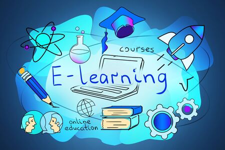 Colorful e learning sketch drawn over blue background. Concept of online education during covid 19 pandemic. 3d renderingの写真素材