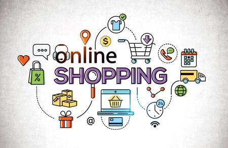 Creative and colorful online shopping icons drawn on concrete wall. Concept of e commerce and goods deliveryの写真素材