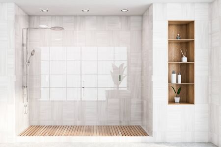 Corner of modern bathroom with white wooden walls, concrete floor, comfortable shower stall with glass doors and shelves with cosmetic products. 3d renderingの写真素材