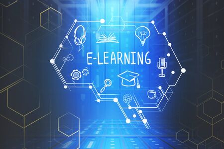 Creative e learning sketch and brain hologram with double exposure of blurry data center. Concept of online education. 3d rendering toned imageの写真素材