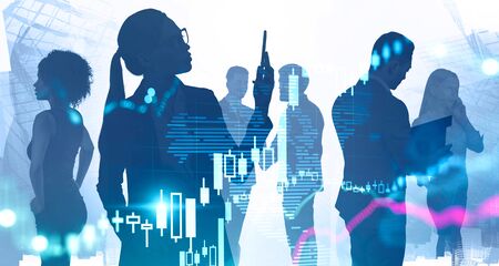 Silhouettes of diverse traders working together in abstract city with double exposure of blurry digital graph and world map. Concept of stock market. Toned imageの写真素材