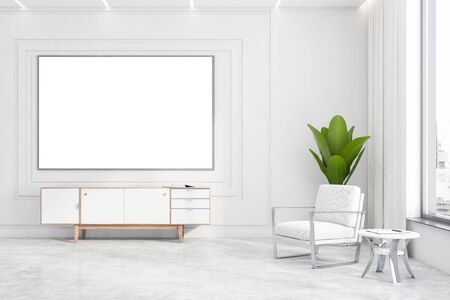 Interior of modern living room with white walls, concrete floor, white cabinet and armchair near round coffee table. Big horizontal mock up poster frame. 3d renderingの写真素材