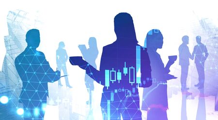 Silhouettes of traders drinking coffee and working together in abstract city with double exposure of blurry digital graph and world map. Concept of stock market. Toned imageの写真素材