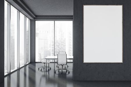 Interior of panoramic meeting room in loft style with grey walls, concrete floor, long white table with metal chairs and blurry cityscape. Vertical mock up poster. 3d renderingの写真素材
