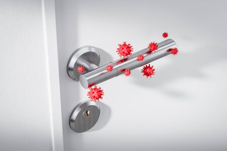 Close up of metal handle on white door with covid 19 coronavirus. Side view. Concept of 2019 ncov pandemic spread prevention and hygiene. 3d renderingの写真素材
