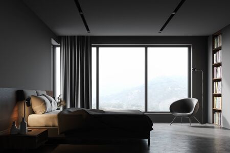 Side view of modern Scandinavian style bedroom with gray and wooden walls, Concrete floor, grey king...