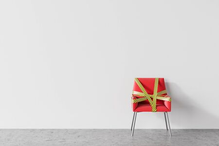 Comfortable red chair covered with yellow barrier tape standing in public place with white walls. Concept of social distancing and covid 19 lockdown easing. 3d renderingの写真素材