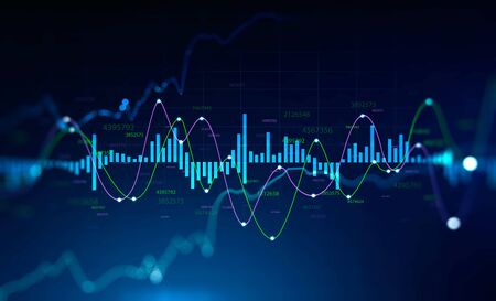 Immersive futuristic digital graph interface over blurry dark blue background. Concept of stock...