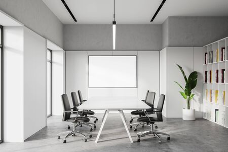 Interior of stylish conference room with white and stone walls, long meeting table with black chairs, horizontal mock up poster and bookcase. 3d renderingの写真素材