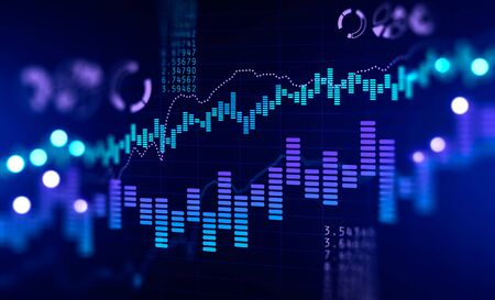 Immersive futuristic HUD financial chart interface over blurry dark blue background. Concept of...