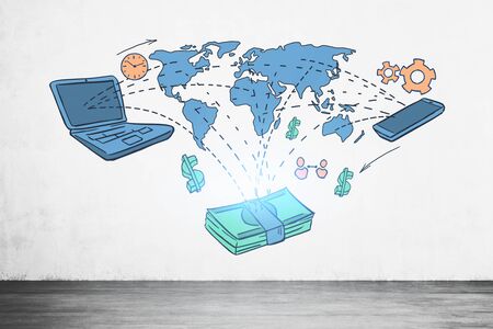 Colorful international business sketch drawn in concrete wall room. Concept of globalization and technology. 3d rendering. Elements of this image furnished by NASAの写真素材