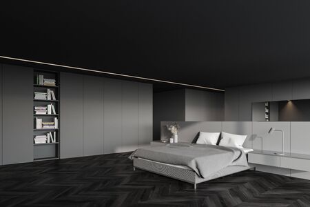 Corner of stylish master bedroom with gray walls, wooden floor, comfortable king size bed, bookcase and mirror. 3d renderingの写真素材