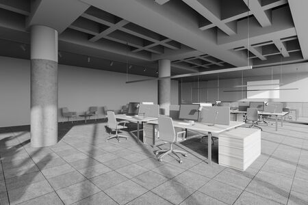 Interior of modern open space office with grey walls, columns, rows of computer tables, lounge area...