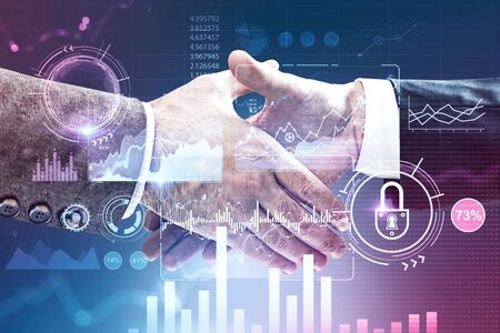 Close up of two businessmen shaking hands over blurry red blue background with double exposure of...