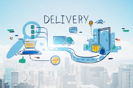 Creative delivery sketch drawn over blurry modern city background. Concept of e commerce and online shopping. Toned image double exposureの写真素材