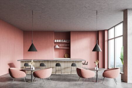 Interior of modern restaurant with pink walls, concrete floor, bar counter with stools, round tables with armchairs and chairs and blurry mountain view. 3d renderingの写真素材
