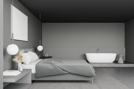 Side view of stylish bedroom with gray walls, concrete floor, comfortable king size bed with two bedside tables and cozy bathtub. Horizontal mock up poster. 3d renderingの写真素材