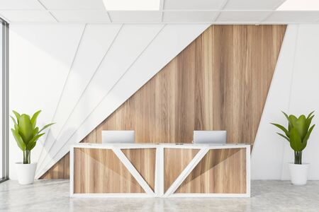 Interior of stylish corporate office waiting room with white and wooden walls, concrete floor and comfortable reception desk. 3d renderingの写真素材