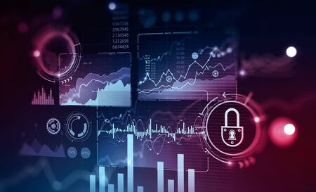 Immersive digital HUD interface with business infographics and data representation over red and blue...