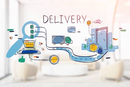 Creative delivery sketch drawn over blurry living room background. Concept of e commerce and online shopping. 3d rendering toned image double exposureの写真素材