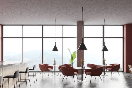 Interior of panoramic loft style pub with pink walls, concrete floor and columns, wooden bar counter...