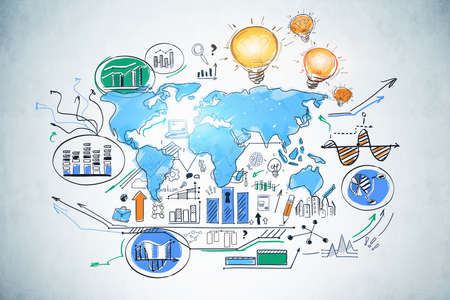 Colorful international business and strategy sketch drawn on concrete wall. Concept of partnership....