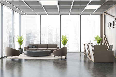 Interior of modern office waiting room with beige and wooden walls, concrete floor, comfortable...