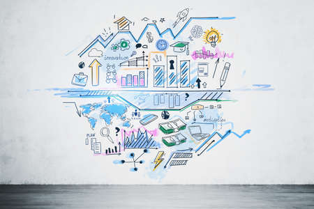 Colorful startup and business strategy sketch drawn in concrete wall room. Concept of planning and innovation.の写真素材