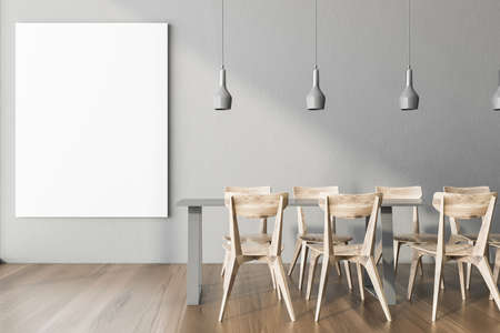 Interior of modern office cafe with gray walls, wooden floor, long dining table with wooden chairs...