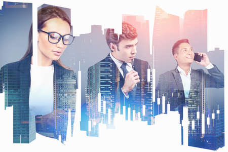 Two diverse businessmen and beautiful young businesswoman working together in blurry abstract city...