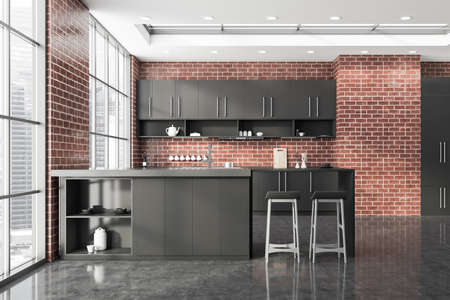 Interior of stylish kitchen with brick walls, concrete floor, gray cupboards and countertops, bar with stools and window with blurry cityscape. 3d renderingの写真素材
