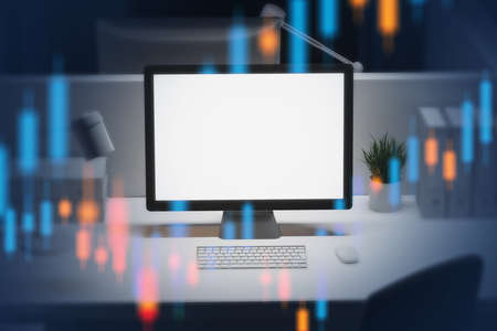 Modern computer with mock up screen standing on office table with double exposure of blurry...