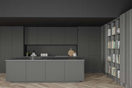Interior of stylish kitchen with gray and dark wooden walls, wooden floor, gray countertops,...