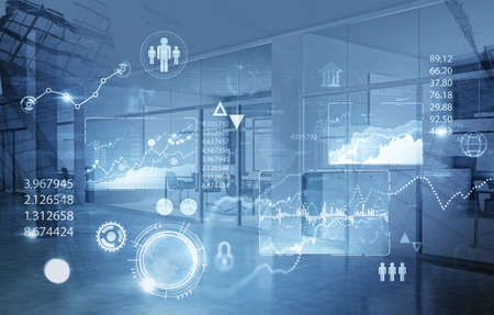 Futuristic financial infographics interface over blurry office background. Concept of statistics and...