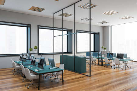 Interior of open space office with white walls, wooden floor, long white computer table with leather chairs and windows with blurry cityscape. Two mock up posters. 3d renderingの写真素材