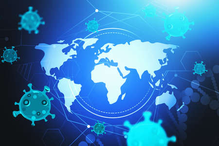 2019 ncov pandemic concept. World map and covid 19 coronavirus over blurry blue background. 3d...