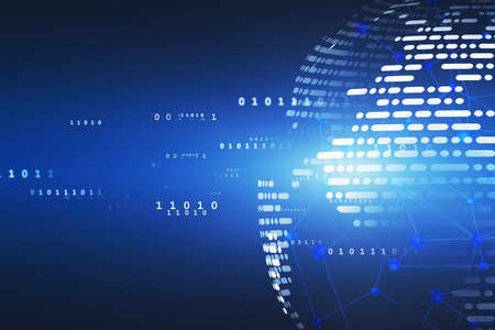 Futuristic global network interface and planet hologram over blurry blue background. Concept of internet connection. 3d rendering toned image double exposureの写真素材