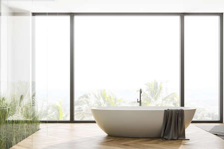 Front view of panoramic bathroom with glass walls, wooden floor, comfortable bathtub and blurry...