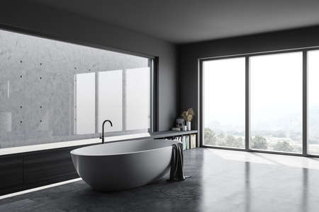 Corner of stylish bathroom with dark wooden and gray walls, and comfortable bathtub. 3d rendering