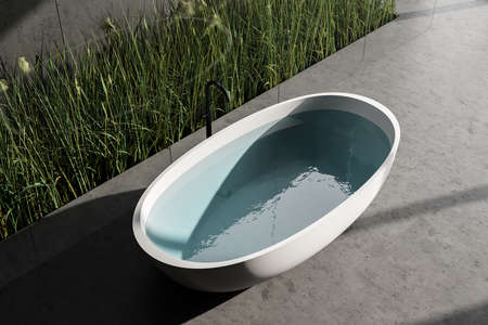 Top view of panoramic bathroom with concrete floor, comfortable bathtub with water. 3d rendering